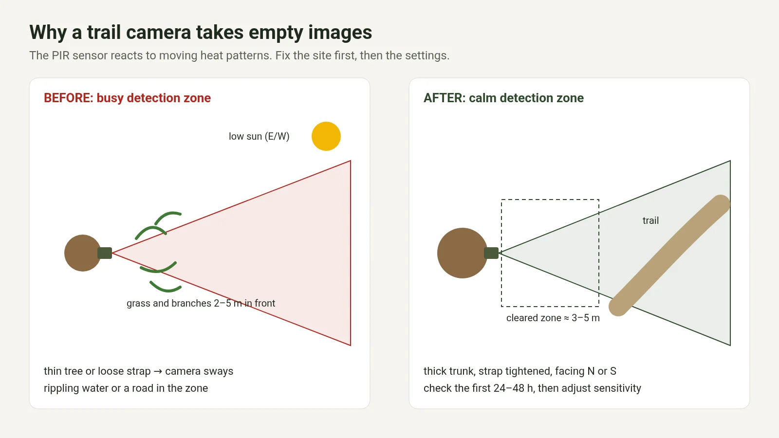 Diagram comparing a busy trail camera detection zone with branches and sun to a cleared, calm zone